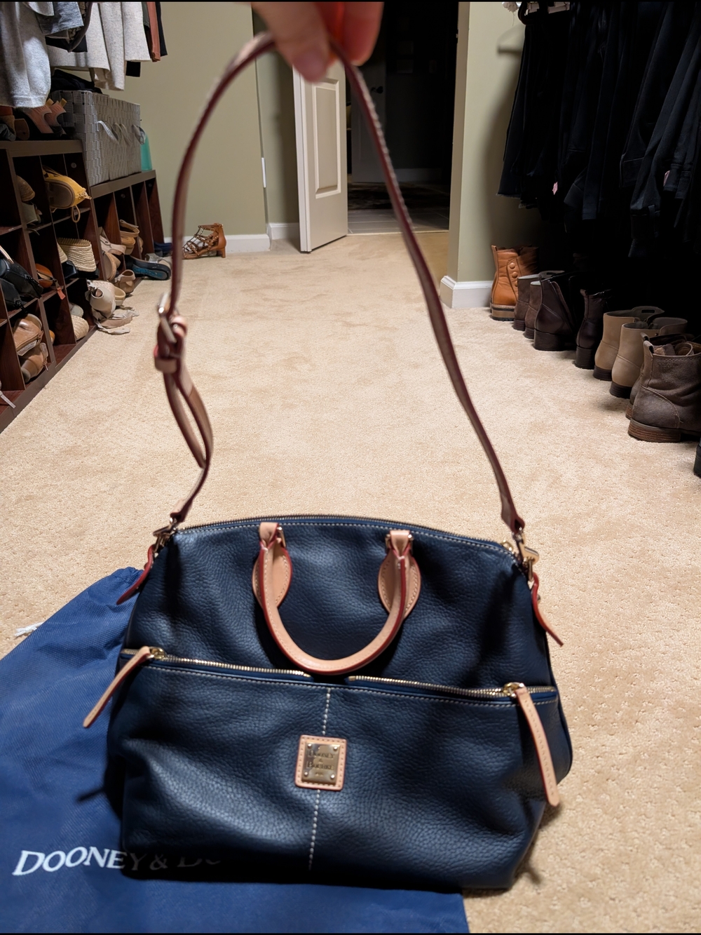 Dooney & Bourke Navy Leather Satchel with Tan Trim